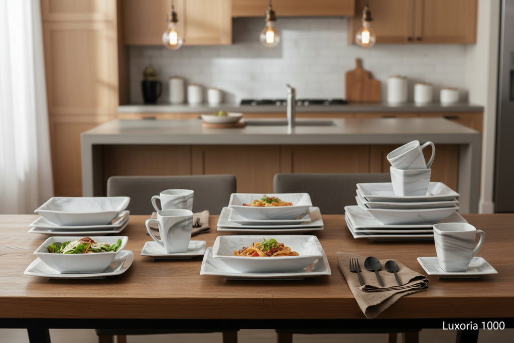 Service de table en porcelaine marbrée MALACASA 32 pièces, comprenant 2 grands plats, 6 assiettes plates, 6 assiettes à dessert, 6 assiettes à soupe, 6 tasses et 6 soucoupes.