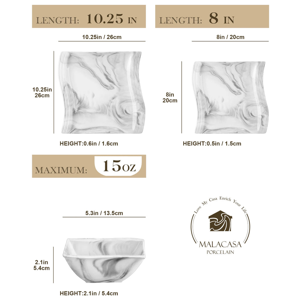 Service de vaisselle en porcelaine MALACASA 12/24 pièces, blanc et marbre, avec 4 assiettes à dîner/bol à dessert/céréales