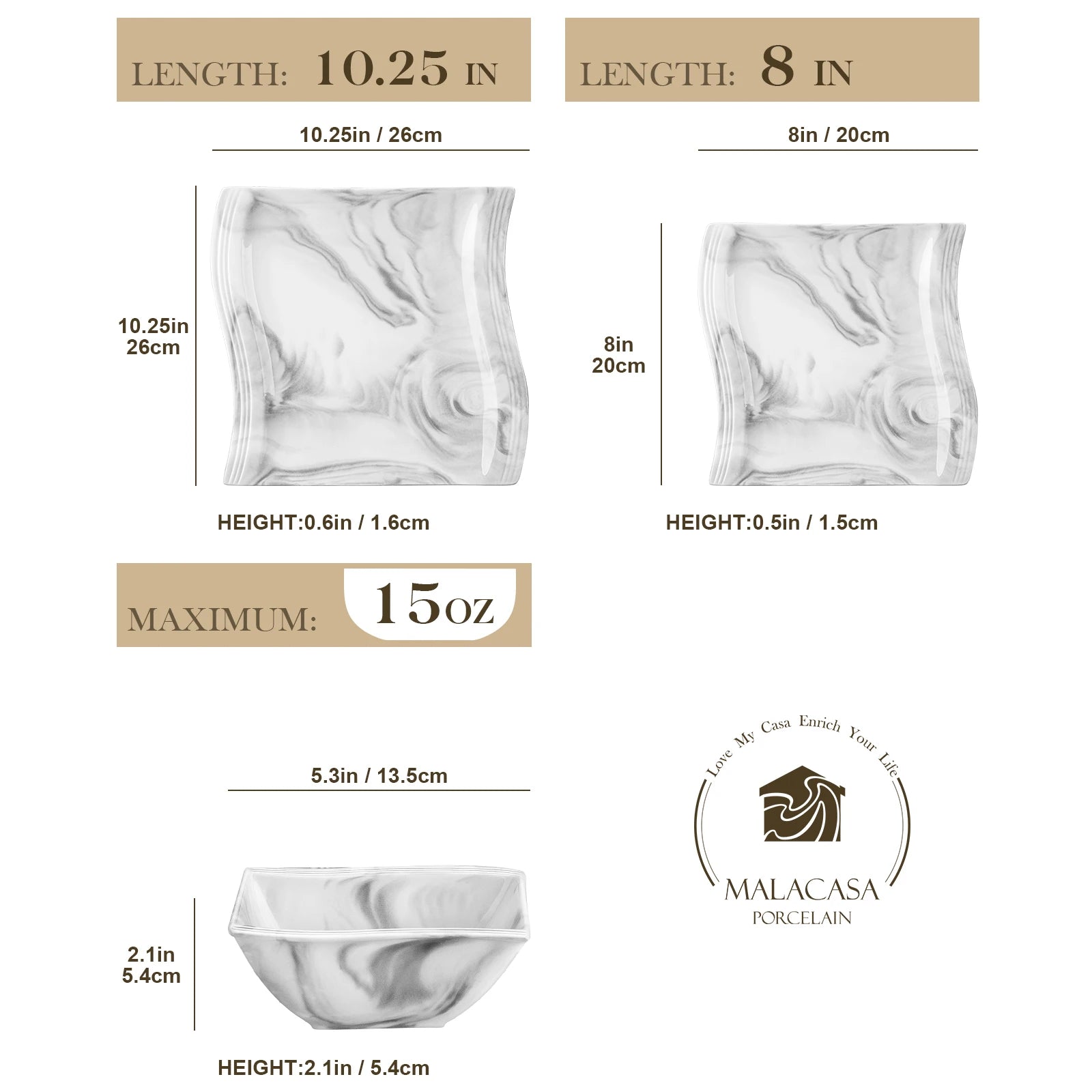 Service de vaisselle en porcelaine MALACASA 12/24 pièces, blanc et marbre, avec 4 assiettes à dîner/bol à dessert/céréales