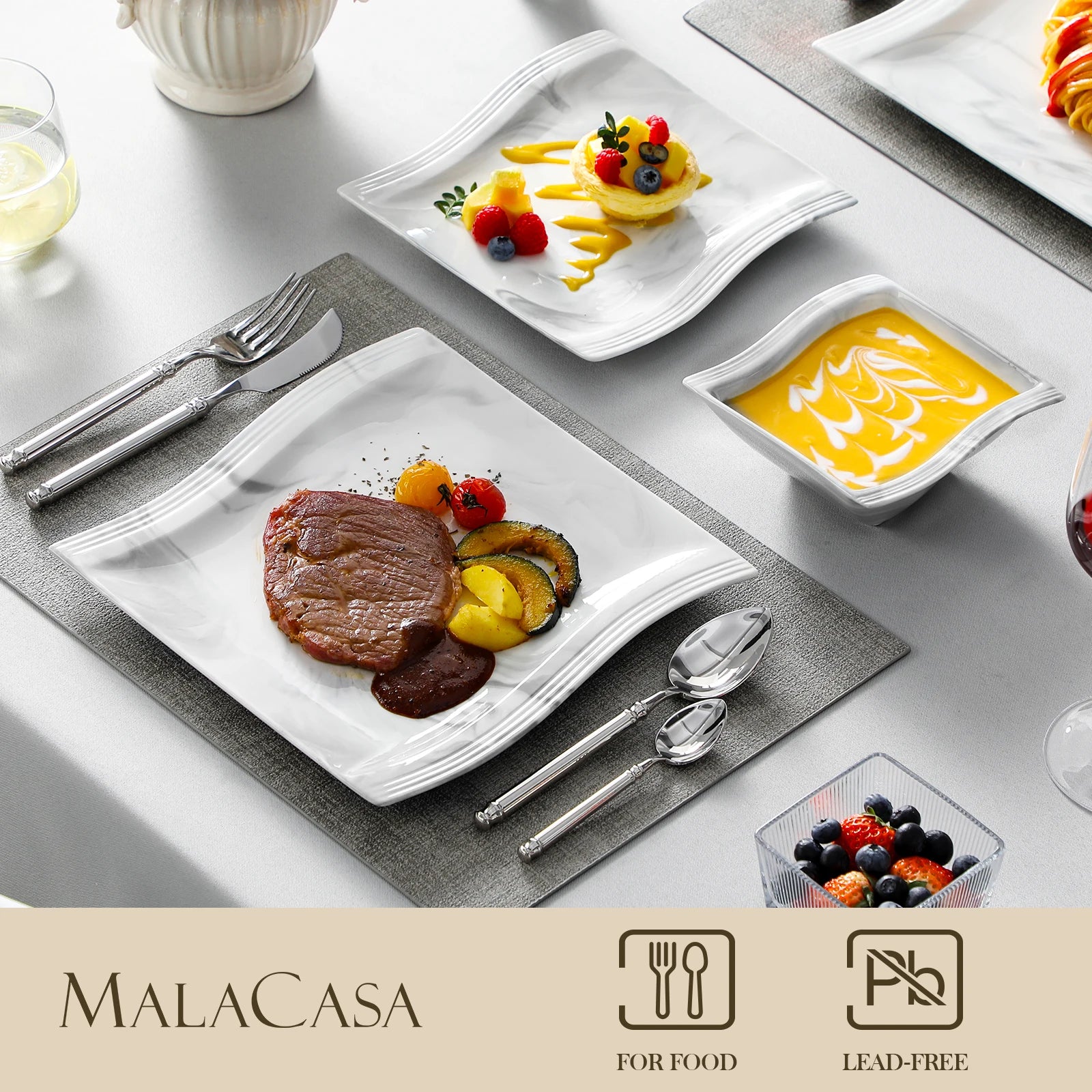 Service de vaisselle en porcelaine MALACASA 12/24 pièces, blanc et marbre, avec 4 assiettes à dîner/bol à dessert/céréales