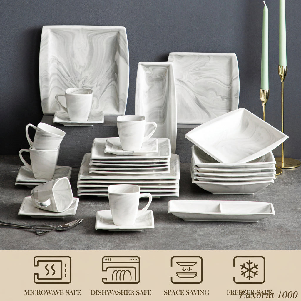 Service de table en porcelaine marbrée MALACASA 32 pièces, comprenant 2 grands plats, 6 assiettes plates, 6 assiettes à dessert, 6 assiettes à soupe, 6 tasses et 6 soucoupes.