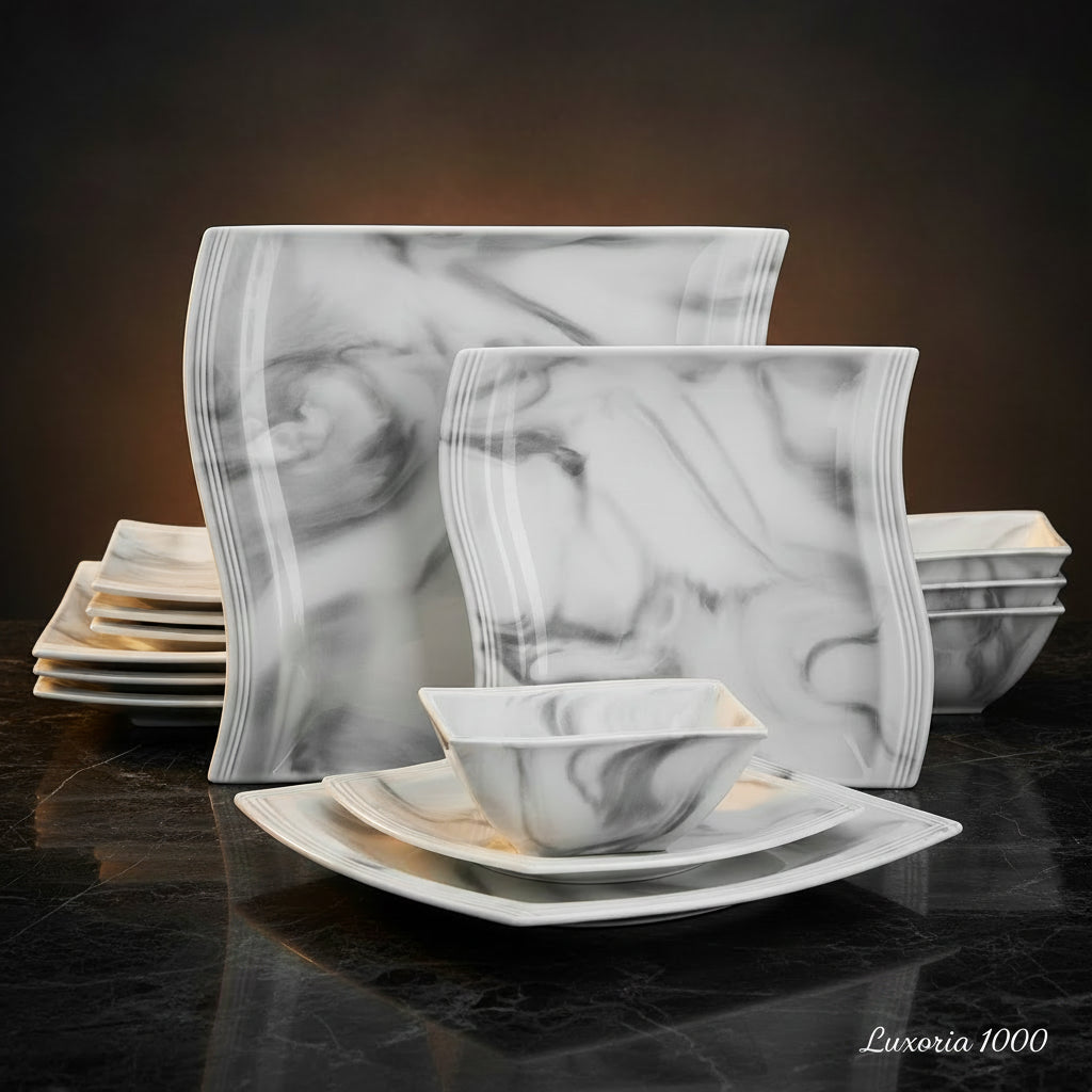 Service de vaisselle en porcelaine MALACASA 12/24 pièces, blanc et marbre, avec 4 assiettes à dîner/bol à dessert/céréales