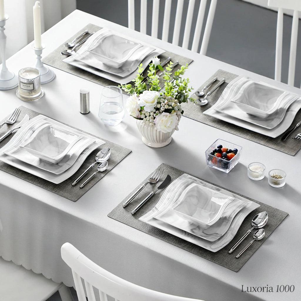 Service de vaisselle en porcelaine MALACASA 12/24 pièces, blanc et marbre, avec 4 assiettes à dîner/bol à dessert/céréales