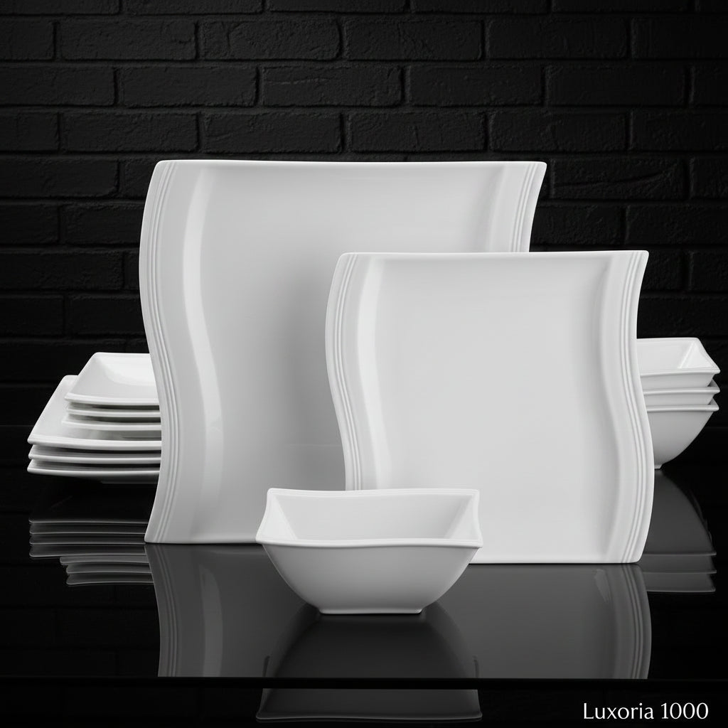 Service de vaisselle en porcelaine MALACASA 12/24 pièces, blanc et marbre, avec 4 assiettes à dîner/bol à dessert/céréales