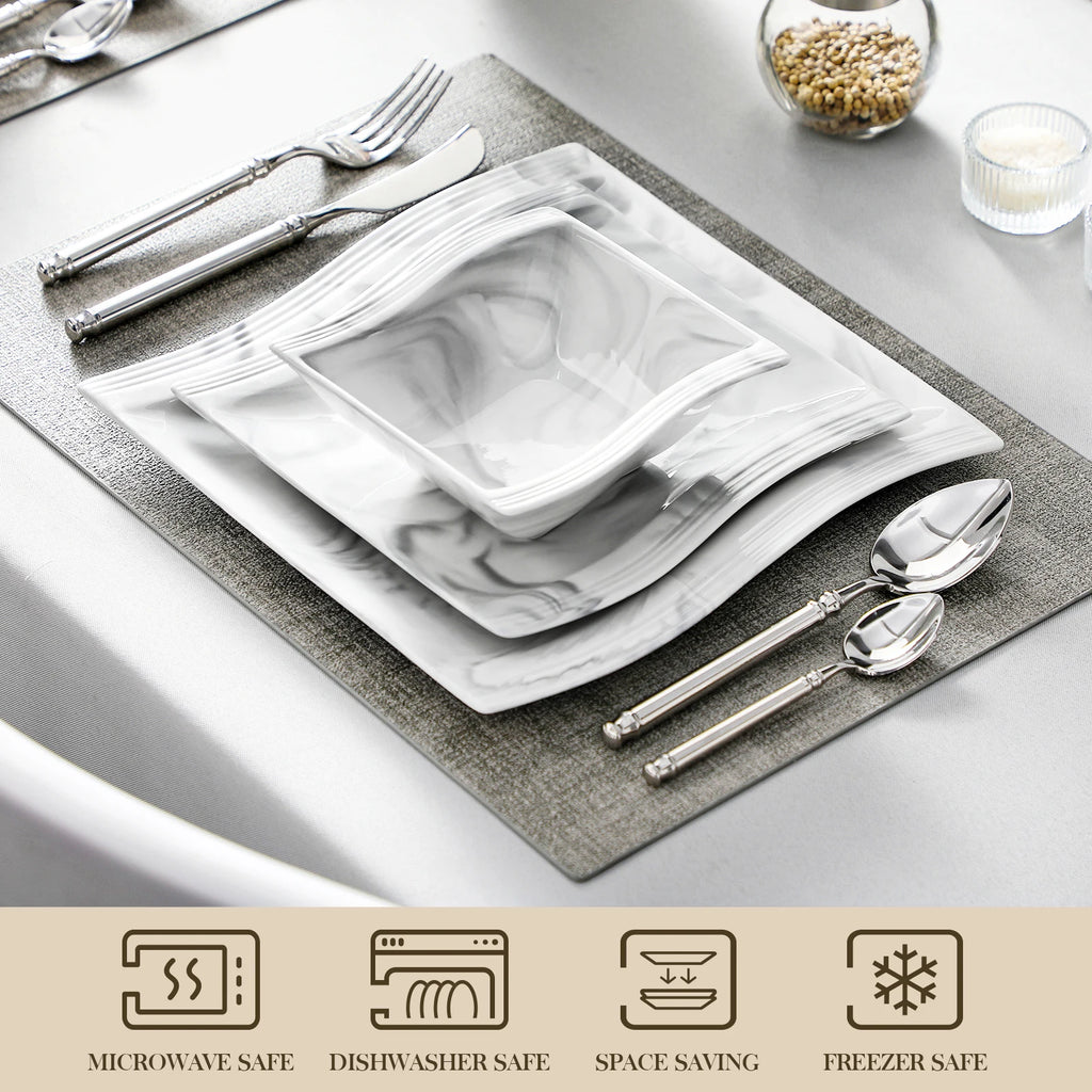 Service de vaisselle en porcelaine MALACASA 12/24 pièces, blanc et marbre, avec 4 assiettes à dîner/bol à dessert/céréales