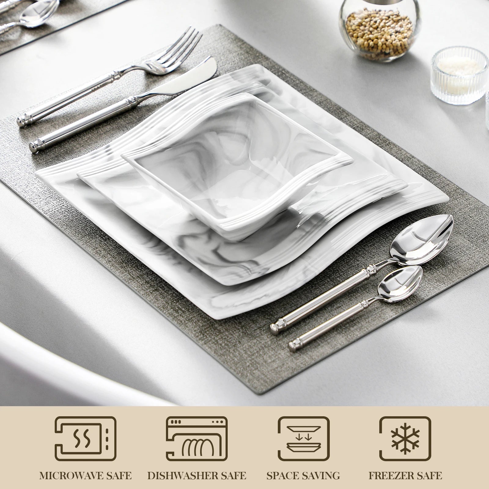 Service de vaisselle en porcelaine MALACASA 12/24 pièces, blanc et marbre, avec 4 assiettes à dîner/bol à dessert/céréales