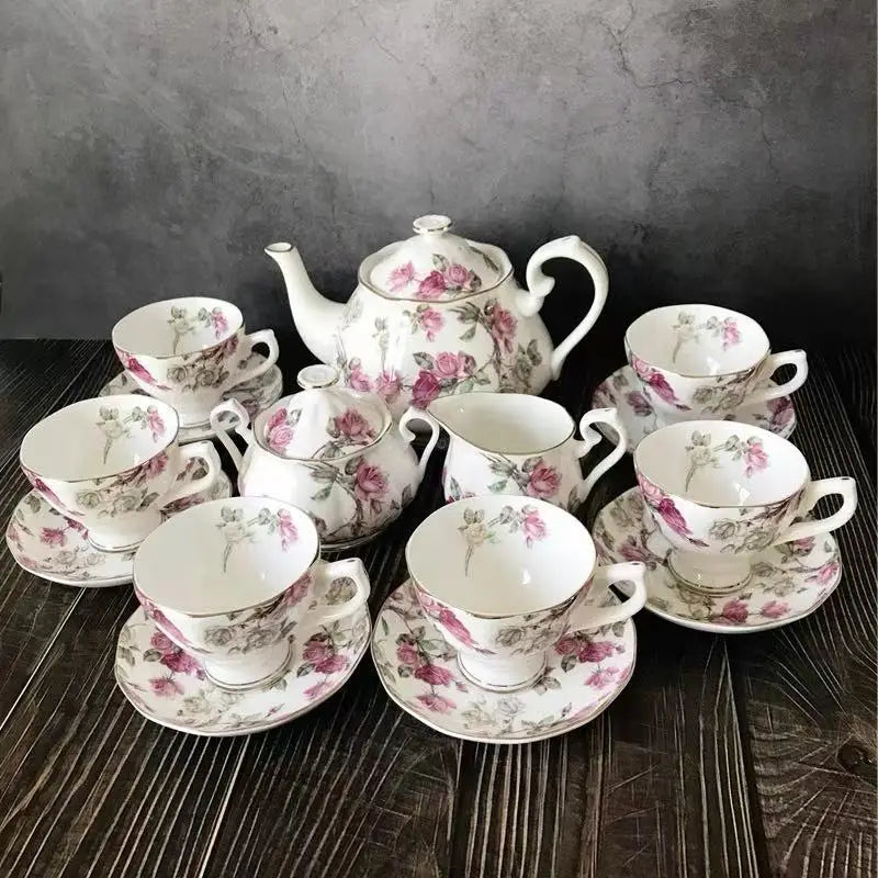 European Style Fine Bone China Royal Design with Rose Golden Line Eco-Friendly 15-Piece Tea & Coffee Cup Set