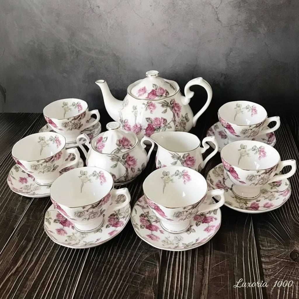 European Style Fine Bone China Royal Design with Rose Golden Line Eco-Friendly 15-Piece Tea & Coffee Cup Set