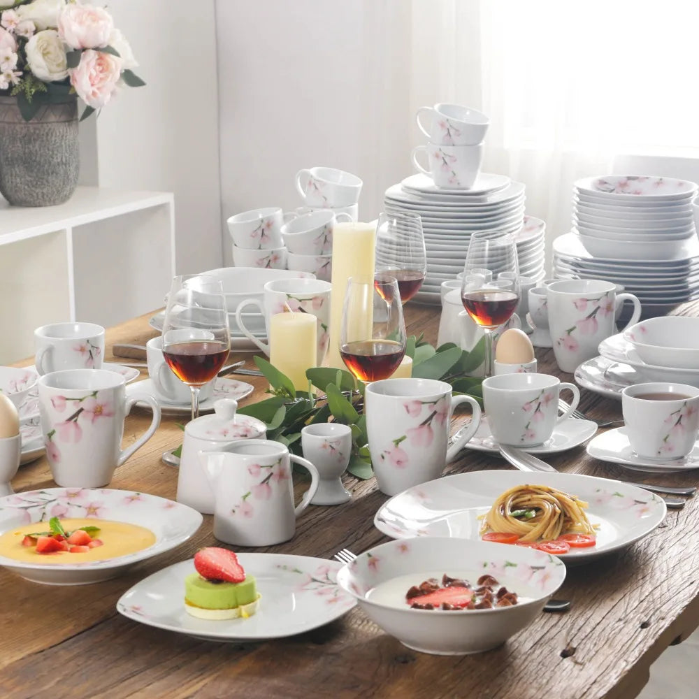 VEWEET ANNIE – service de table en porcelaine 50/100 pièces, avec tasse à œufs, tasses et soucoup, tasse, dessert, soupe et assiette à dîner, bol, pichet à lait, ensemble de pots à sucre