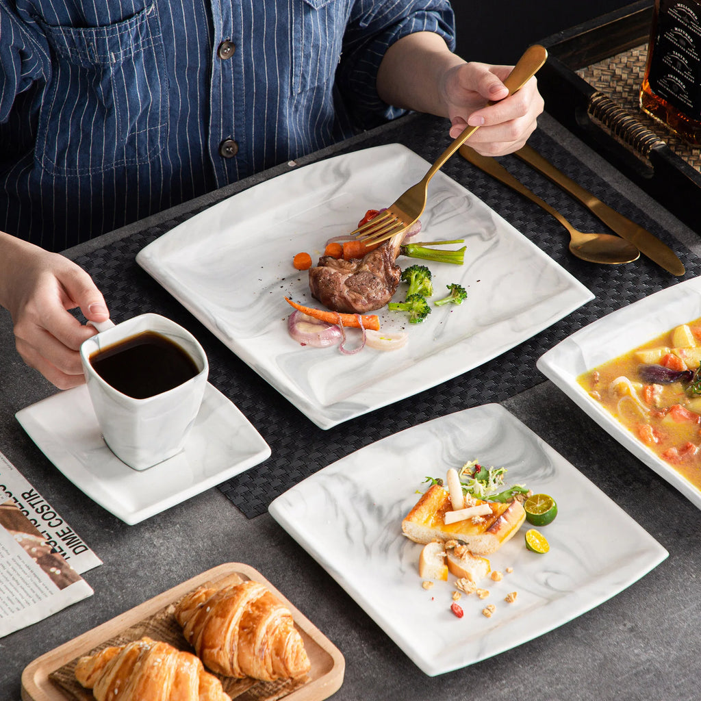 MALACASA .co.jp-Service de Vaisselle en Porcelaine Grise Marbré, avec 6 Assiettes à Dessert, à Soupe, à Queue, à Tasse, S/05, Service pour 12, 30/60 Pièces