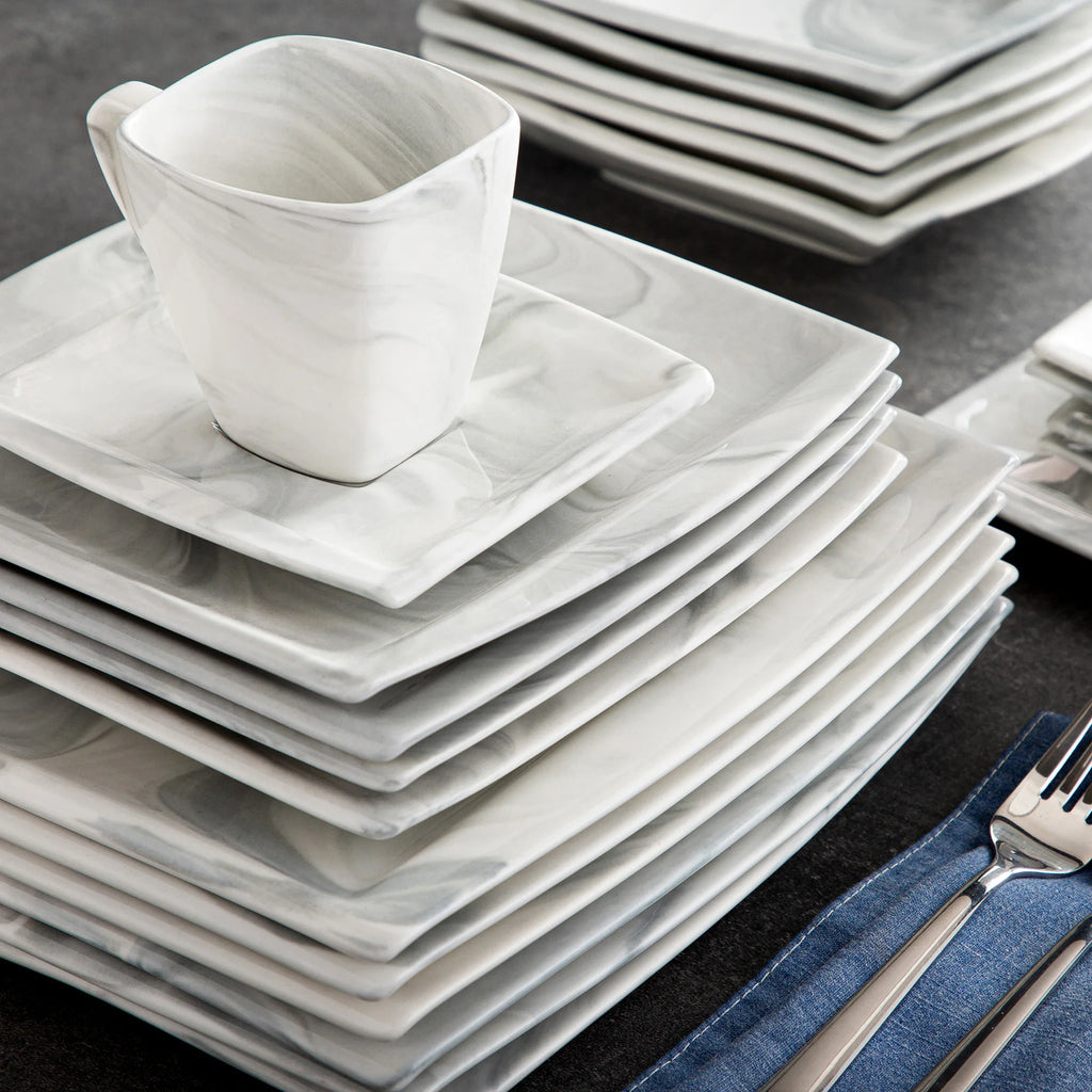 MALACASA .co.jp-Service de Vaisselle en Porcelaine Grise Marbré, avec 6 Assiettes à Dessert, à Soupe, à Queue, à Tasse, S/05, Service pour 12, 30/60 Pièces