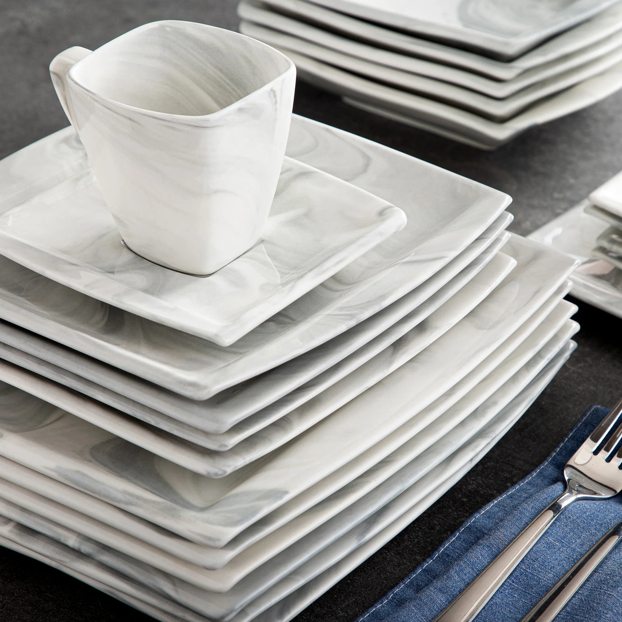 MALACASA .co.jp-Service de Vaisselle en Porcelaine Grise Marbré, avec 6 Assiettes à Dessert, à Soupe, à Queue, à Tasse, S/05, Service pour 12, 30/60 Pièces