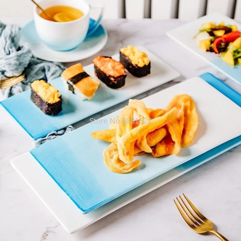 Ensemble de bols et tasses en céramique de couleur bleue, assiette à fruits, assiette à Dessert, plateau créatif, vaisselle Plate pour la nourriture