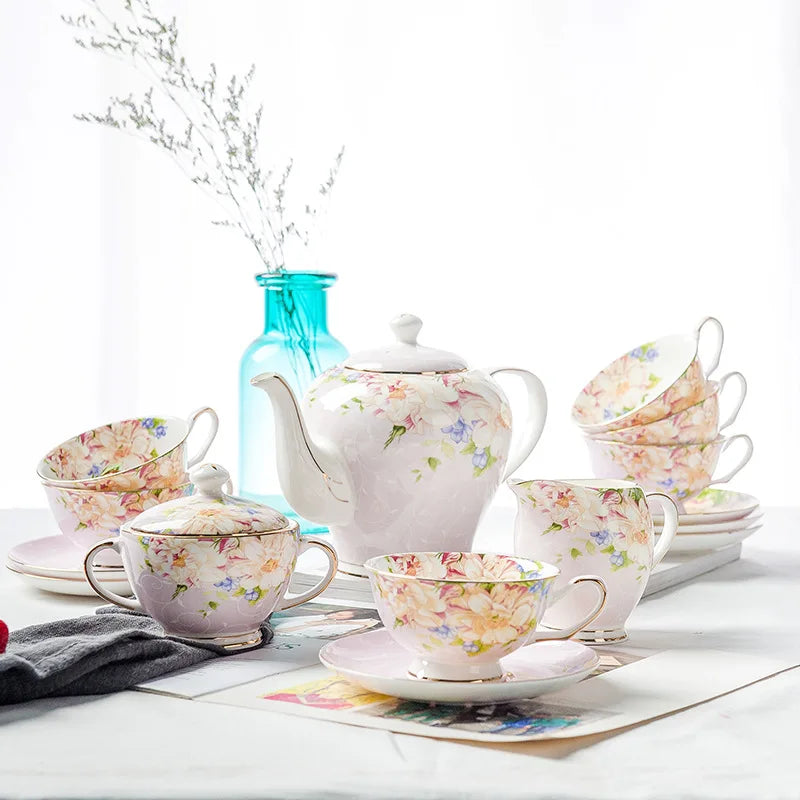 European Style Fine Bone China Royal Design with Rose Golden Line Eco-Friendly 15-Piece Tea & Coffee Cup Set