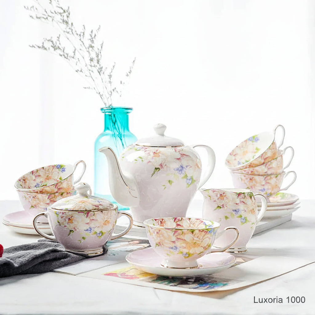 European Style Fine Bone China Royal Design with Rose Golden Line Eco-Friendly 15-Piece Tea & Coffee Cup Set