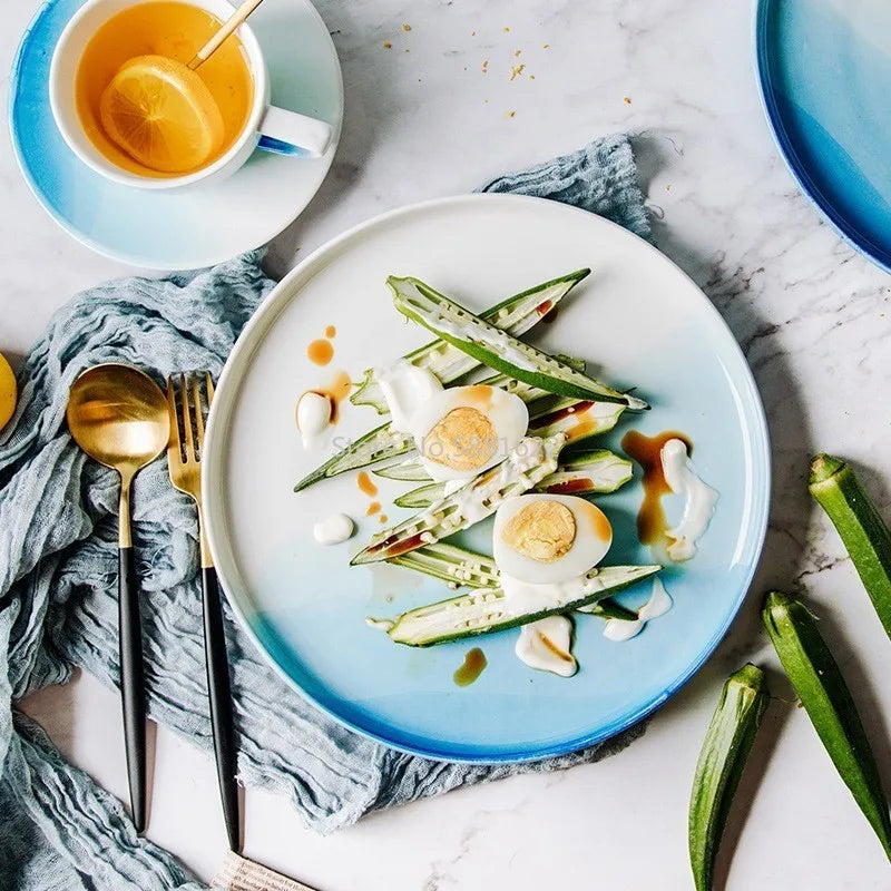 Ensemble de bols et tasses en céramique de couleur bleue, assiette à fruits, assiette à Dessert, plateau créatif, vaisselle Plate pour la nourriture