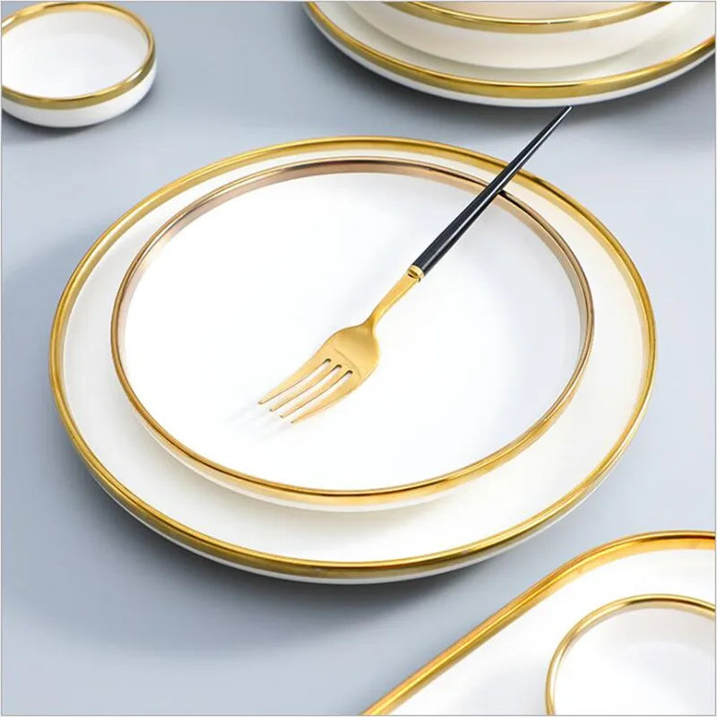 Plateau à dîner en porcelaine blanche, bord doré mat de haute qualité, assiettes de cuisine, vaisselle en céramique, plats alimentaires, bol à nouilles pour salade de riz