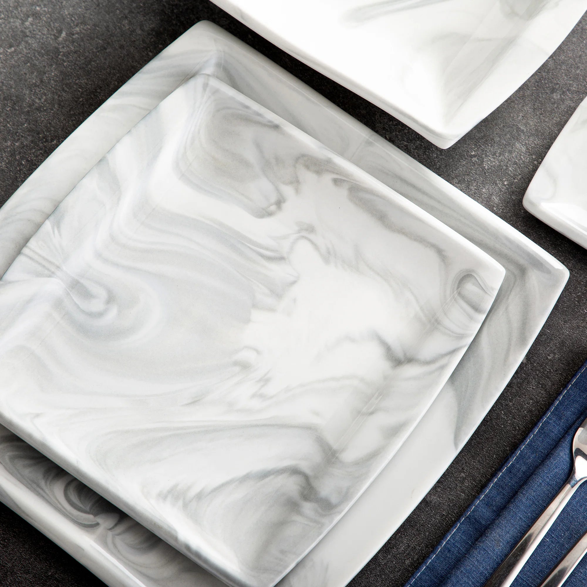 MALACASA .co.jp-Service de Vaisselle en Porcelaine Grise Marbré, avec 6 Assiettes à Dessert, à Soupe, à Queue, à Tasse, S/05, Service pour 12, 30/60 Pièces