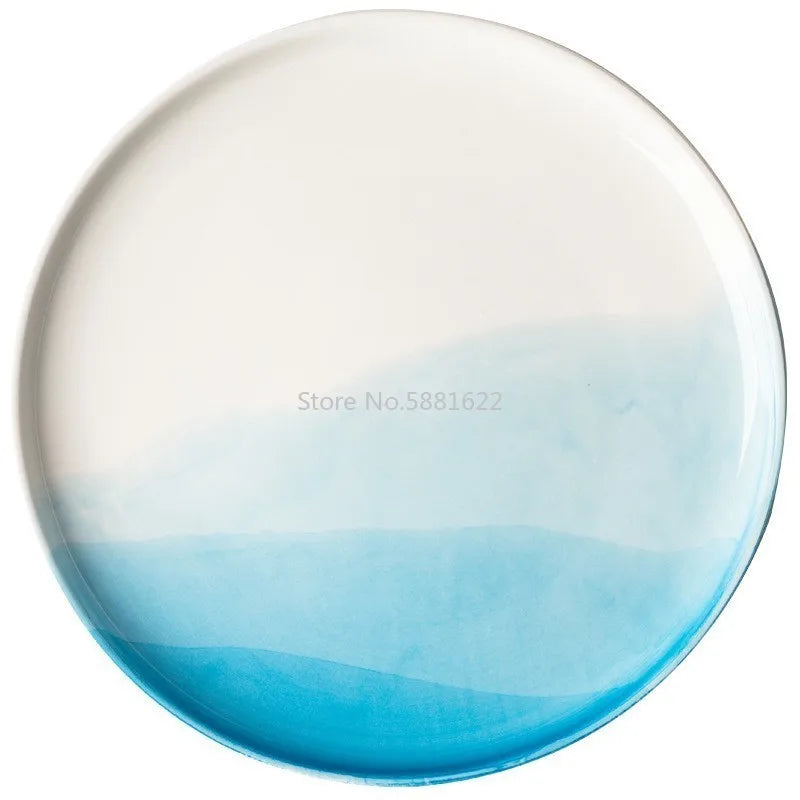 Ensemble de bols et tasses en céramique de couleur bleue, assiette à fruits, assiette à Dessert, plateau créatif, vaisselle Plate pour la nourriture