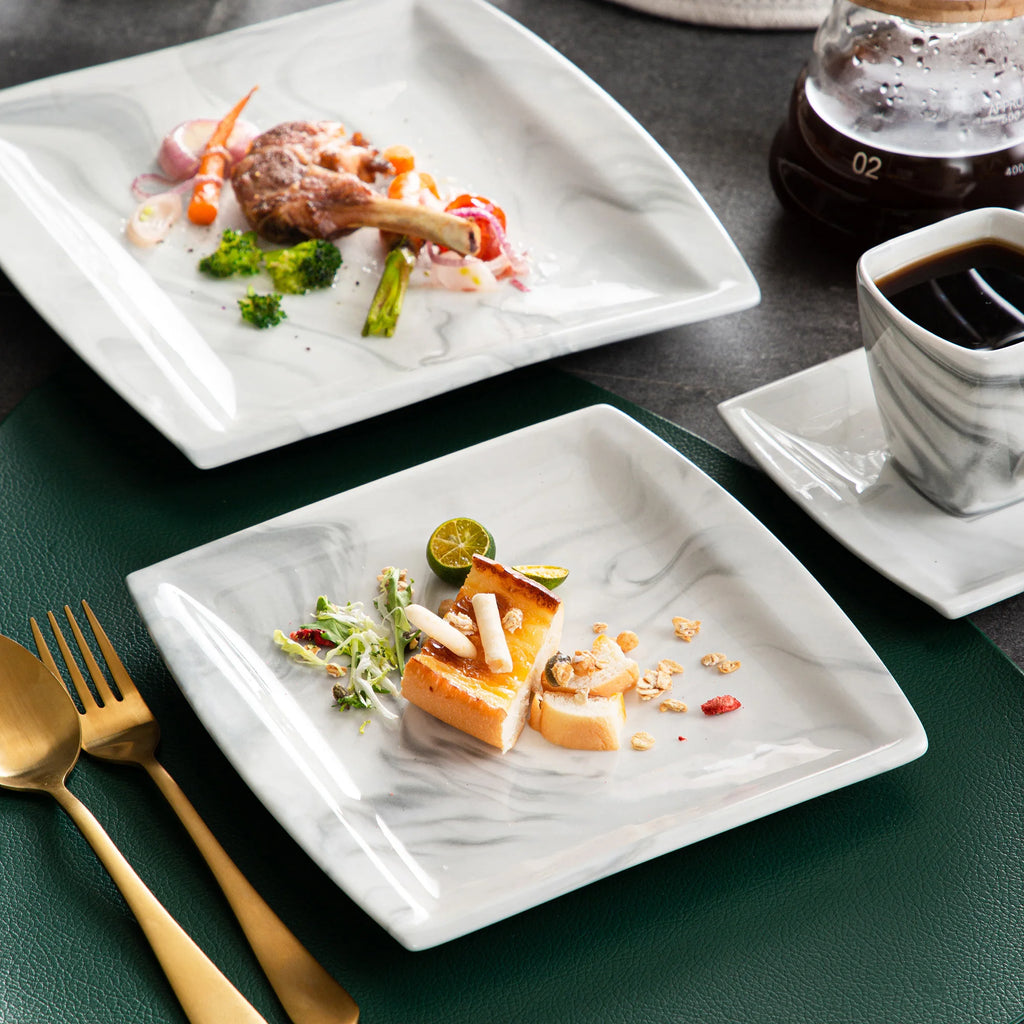 MALACASA .co.jp-Service de Vaisselle en Porcelaine Grise Marbré, avec 6 Assiettes à Dessert, à Soupe, à Queue, à Tasse, S/05, Service pour 12, 30/60 Pièces