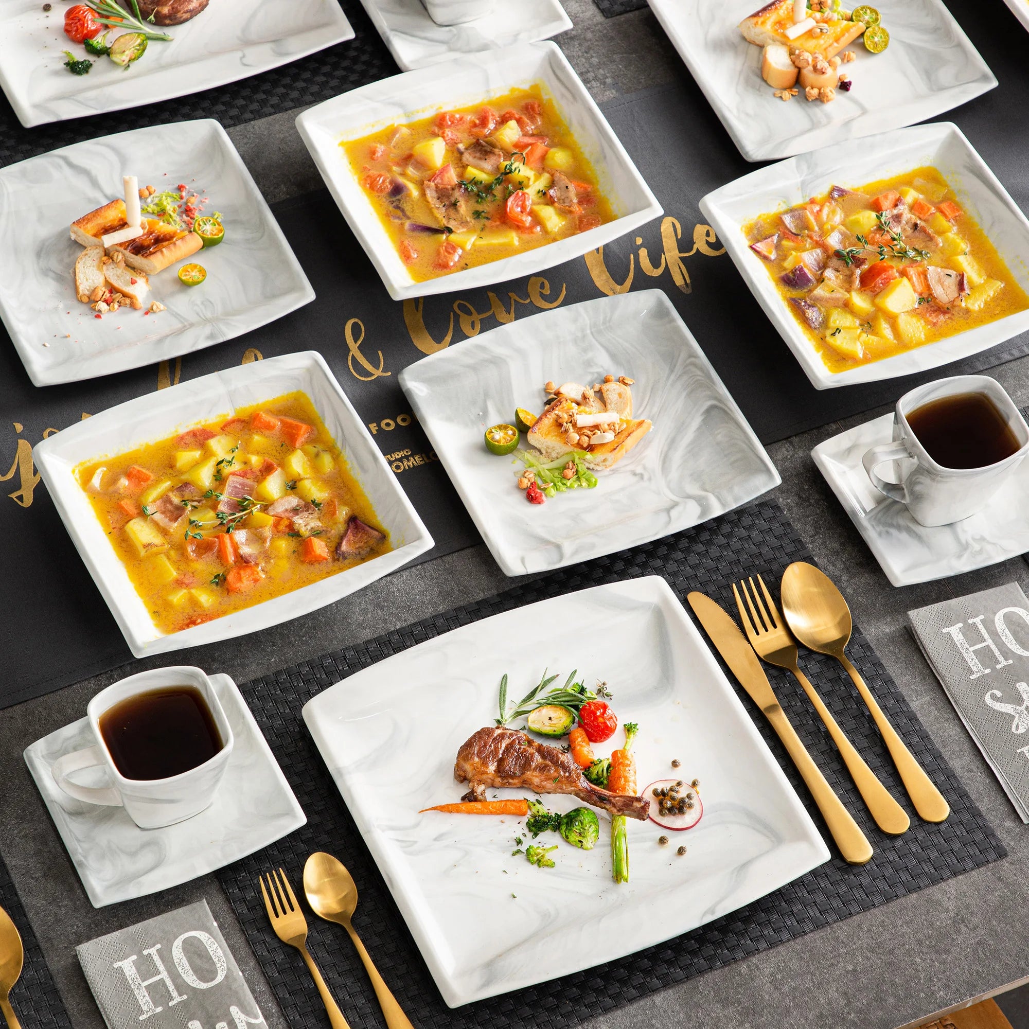MALACASA .co.jp-Service de Vaisselle en Porcelaine Grise Marbré, avec 6 Assiettes à Dessert, à Soupe, à Queue, à Tasse, S/05, Service pour 12, 30/60 Pièces