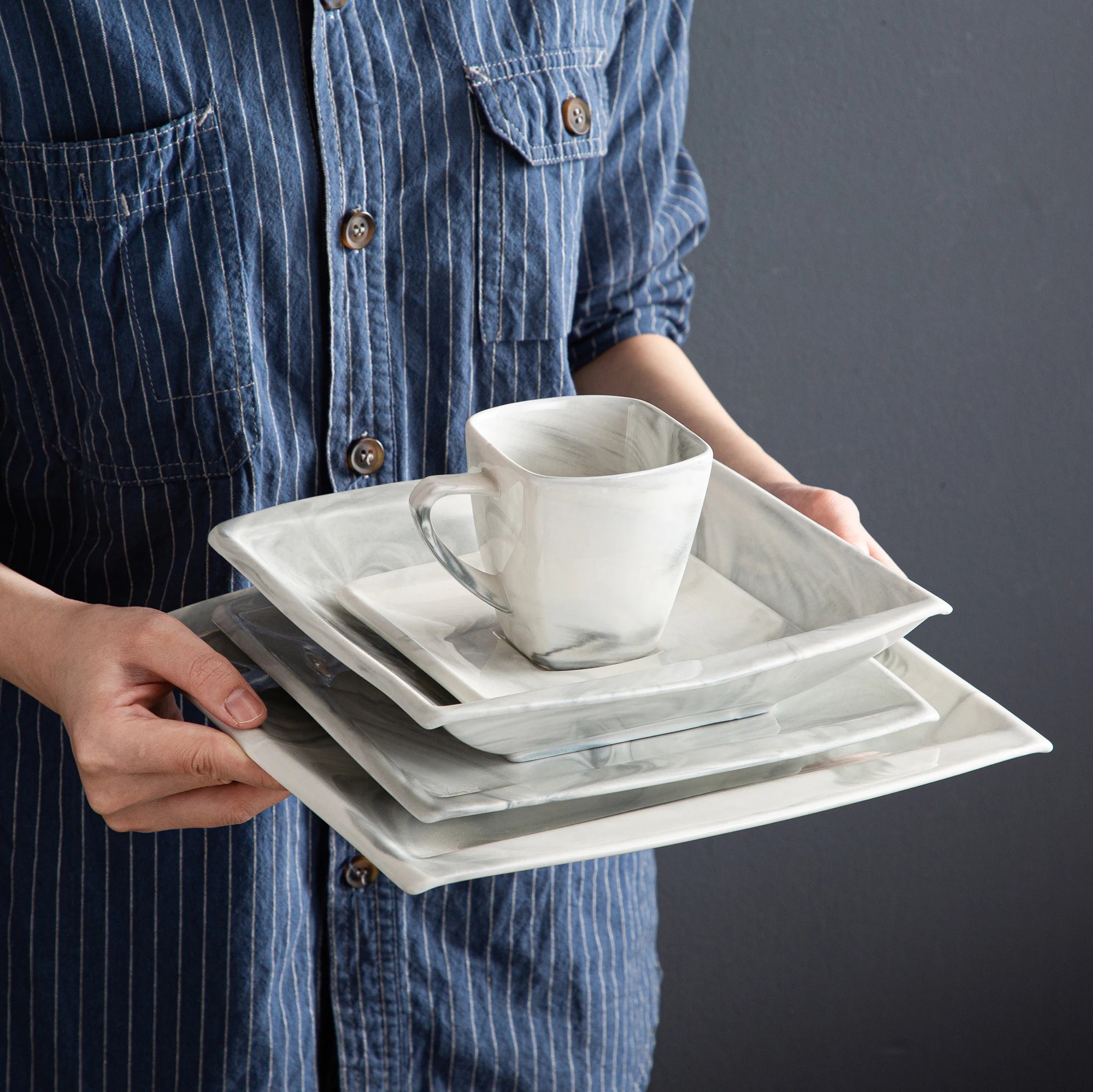 MALACASA .co.jp-Service de Vaisselle en Porcelaine Grise Marbré, avec 6 Assiettes à Dessert, à Soupe, à Queue, à Tasse, S/05, Service pour 12, 30/60 Pièces