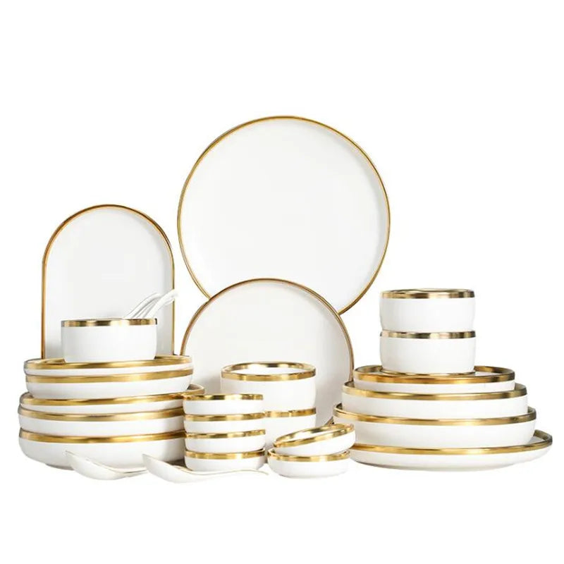 Plateau à dîner en porcelaine blanche, bord doré mat de haute qualité, assiettes de cuisine, vaisselle en céramique, plats alimentaires, bol à nouilles pour salade de riz