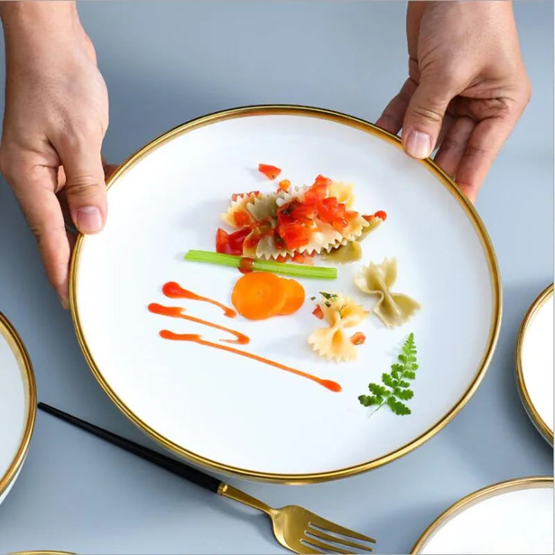 Plateau à dîner en porcelaine blanche, bord doré mat de haute qualité, assiettes de cuisine, vaisselle en céramique, plats alimentaires, bol à nouilles pour salade de riz
