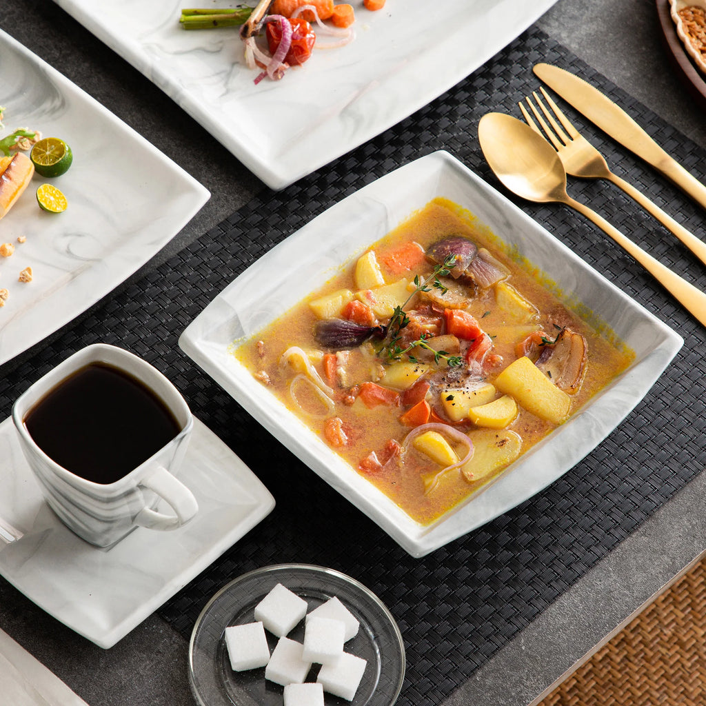 MALACASA .co.jp-Service de Vaisselle en Porcelaine Grise Marbré, avec 6 Assiettes à Dessert, à Soupe, à Queue, à Tasse, S/05, Service pour 12, 30/60 Pièces