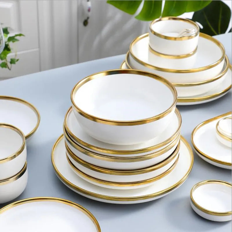 Plateau à dîner en porcelaine blanche, bord doré mat de haute qualité, assiettes de cuisine, vaisselle en céramique, plats alimentaires, bol à nouilles pour salade de riz