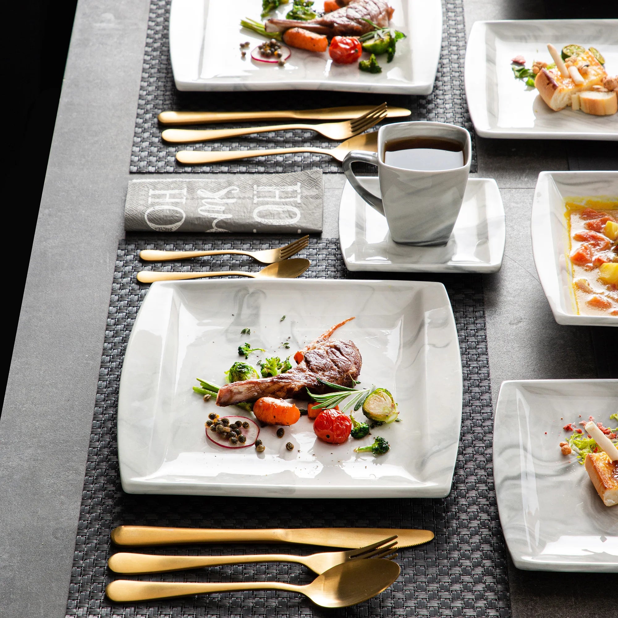 MALACASA .co.jp-Service de Vaisselle en Porcelaine Grise Marbré, avec 6 Assiettes à Dessert, à Soupe, à Queue, à Tasse, S/05, Service pour 12, 30/60 Pièces