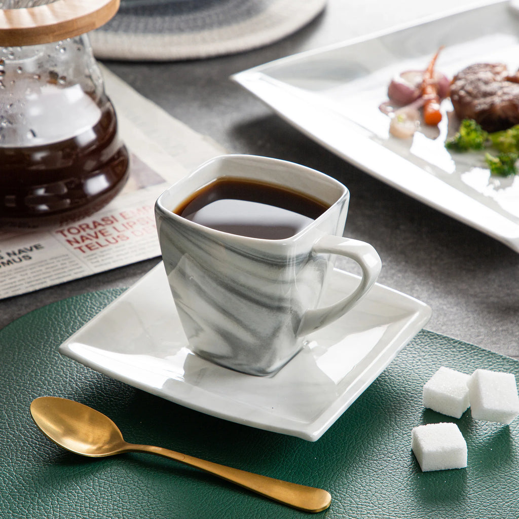 MALACASA .co.jp-Service de Vaisselle en Porcelaine Grise Marbré, avec 6 Assiettes à Dessert, à Soupe, à Queue, à Tasse, S/05, Service pour 12, 30/60 Pièces