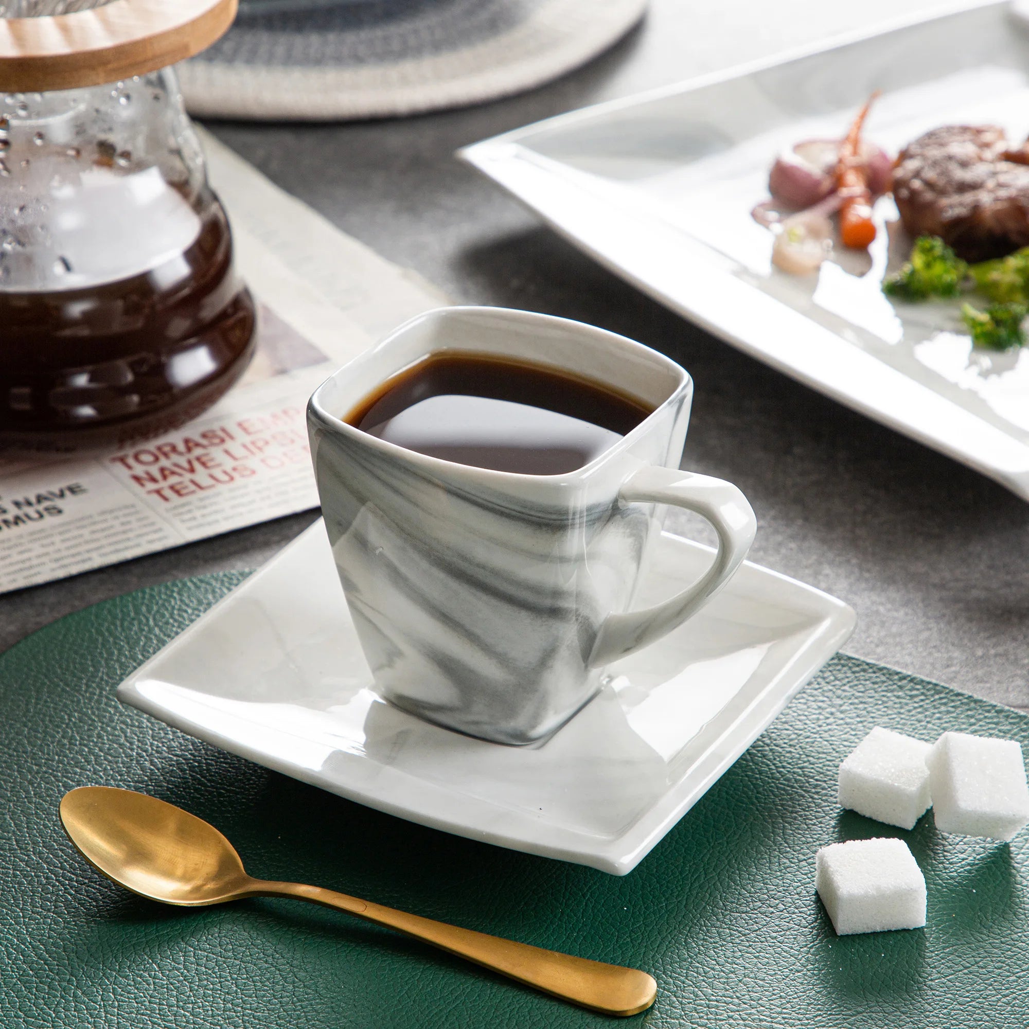 MALACASA .co.jp-Service de Vaisselle en Porcelaine Grise Marbré, avec 6 Assiettes à Dessert, à Soupe, à Queue, à Tasse, S/05, Service pour 12, 30/60 Pièces