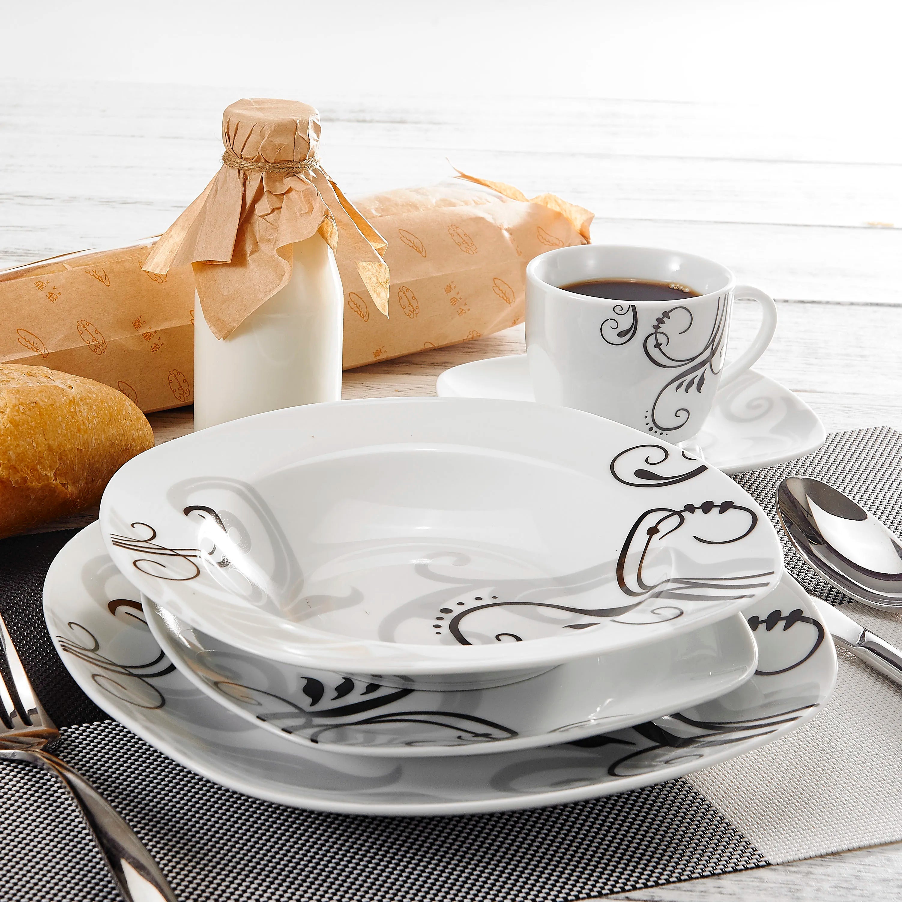 VEWEET ZOEY-Ensemble de 30 pièces de décalcomanies noires en porcelaine et céramique, ensemble i-set avec assiette à dessert, à soupe, quePlate Cup Sin5 er