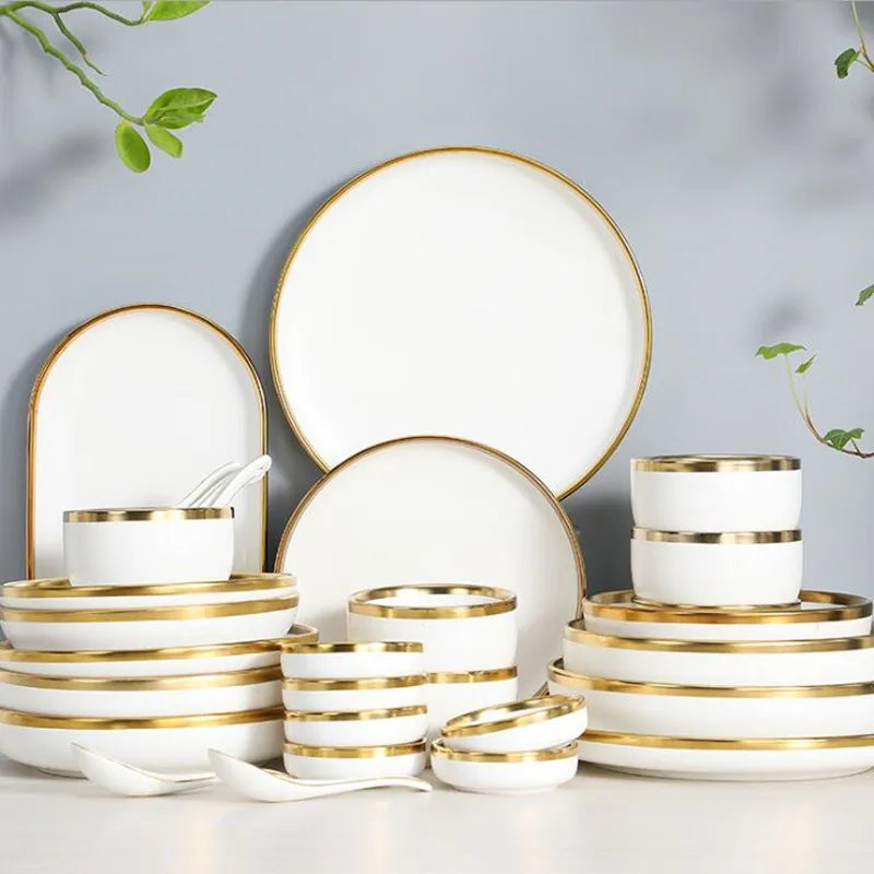 Plateau à dîner en porcelaine blanche, bord doré mat de haute qualité, assiettes de cuisine, vaisselle en céramique, plats alimentaires, bol à nouilles pour salade de riz