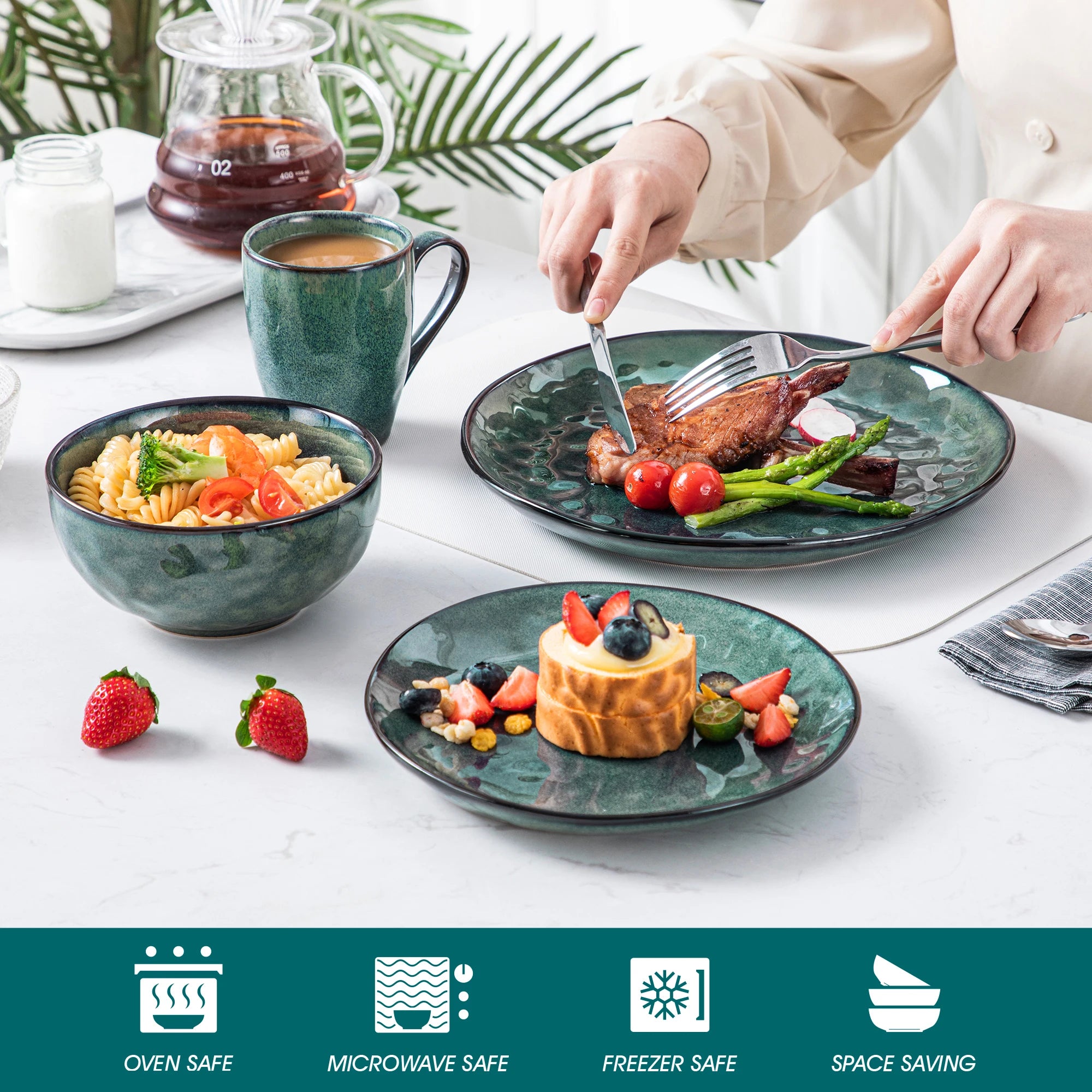 Service de table vert étoilé Vancasso 16/32 pièces, vaisselle en céramique effet four avec assiette plate, assiette à dessert, bol et tasse