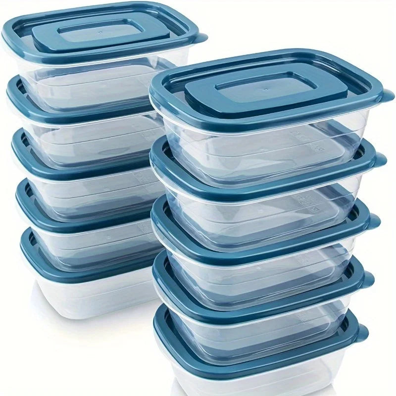 Un ensemble de 6 récipients de conservation des aliments en plastique transparent empilables avec couvercles bleus et marquages de mesure-réutilisables, lave-vaisselle et