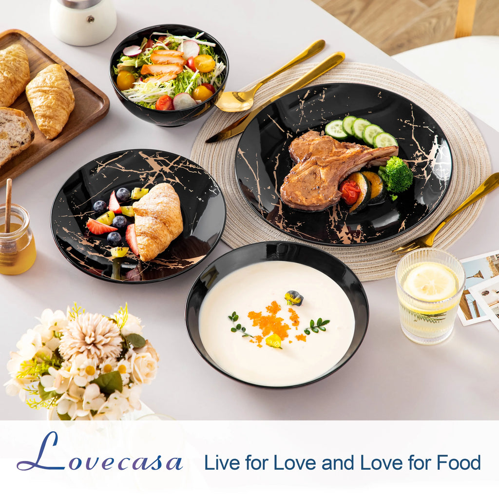 LOVECASA 24 pièces ensembles de vaisselle en glaçure dorée éclaboussures assiettes en porcelaine ensemble de dîner avec 6 pièces assiette à dîner/dessert/assiette à soupe/bol