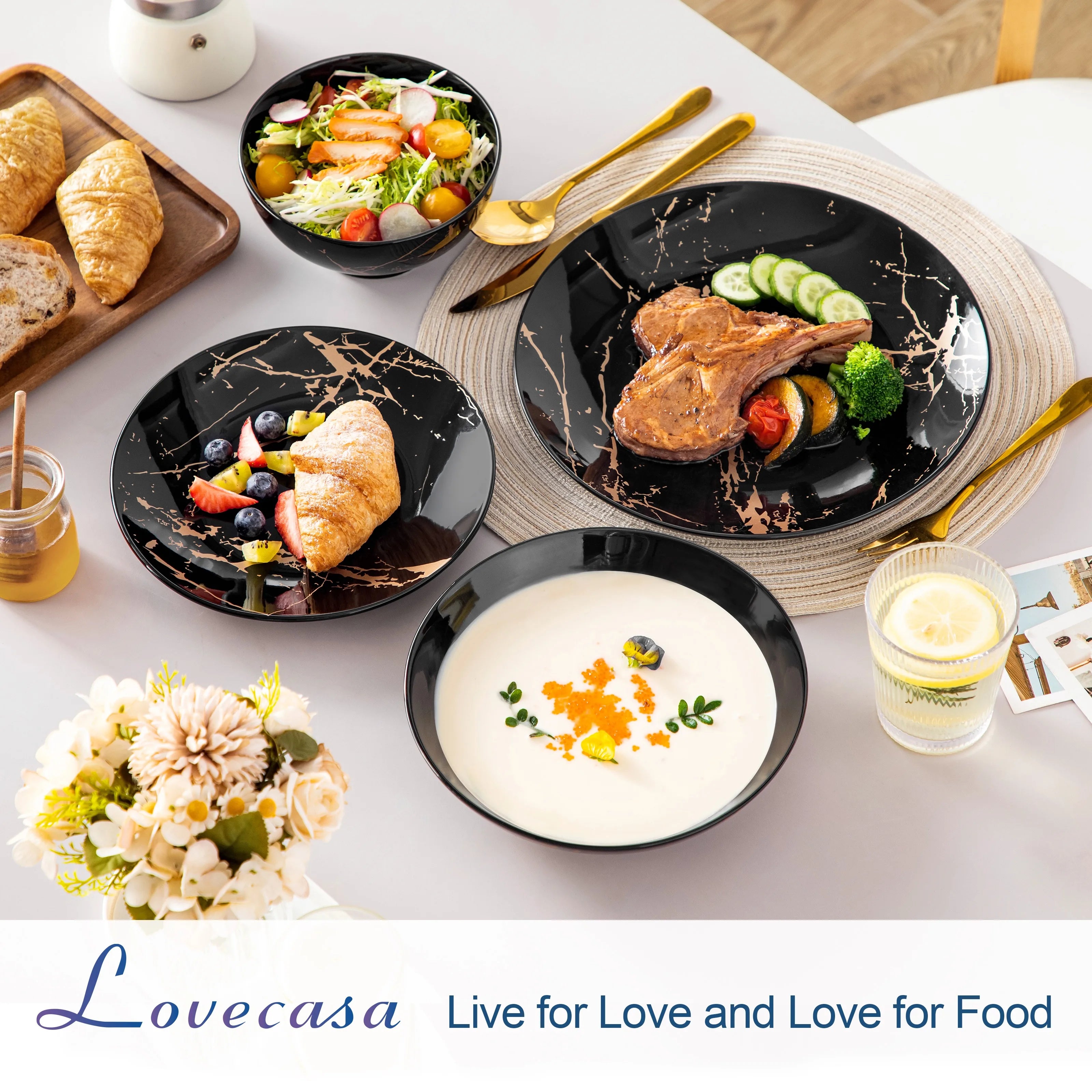 LOVECASA 24 pièces ensembles de vaisselle en glaçure dorée éclaboussures assiettes en porcelaine ensemble de dîner avec 6 pièces assiette à dîner/dessert/assiette à soupe/bol