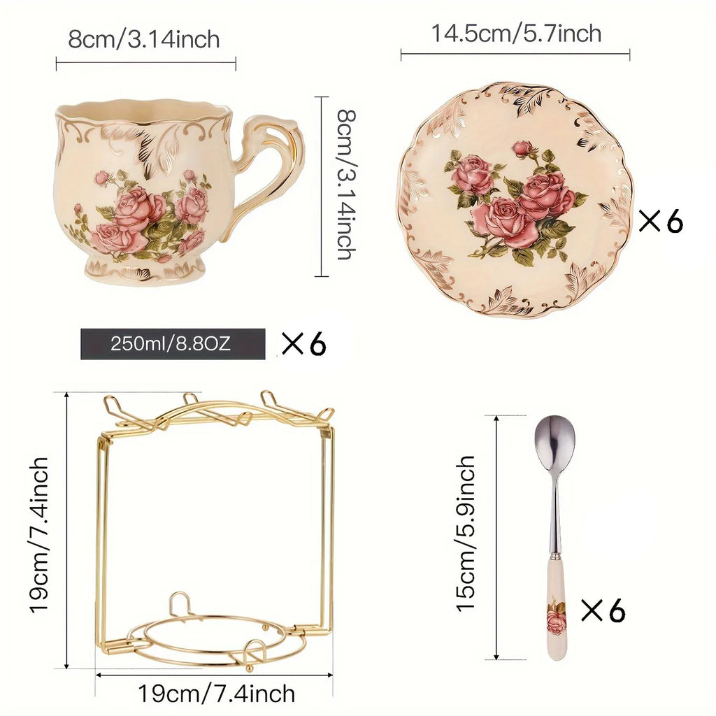 Ensemble de tasses à thé et soucoupes à arbustes fleuris, service à thé, ensemble de tasses à thé florales en céramique ivoire avec support doré, ensemble de tasses à café