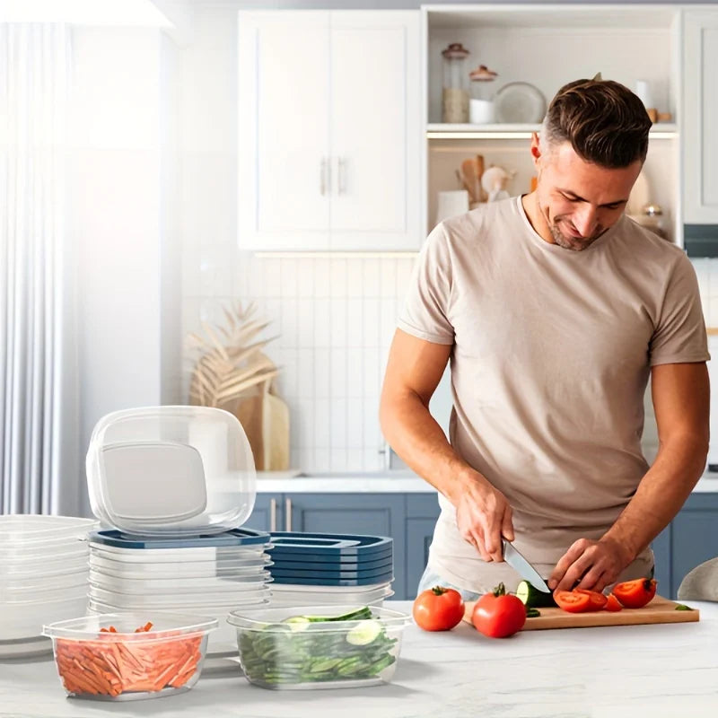 Un ensemble de 6 récipients de conservation des aliments en plastique transparent empilables avec couvercles bleus et marquages de mesure-réutilisables, lave-vaisselle et
