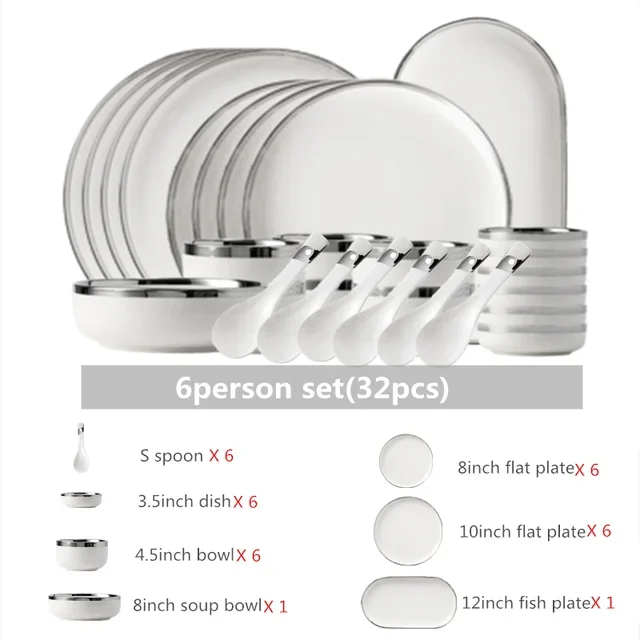 Assiettes en céramique blanche avec assiette de service à Steak argenté, bols, plat à dîner, service de vaisselle en porcelaine pour hôtel familial