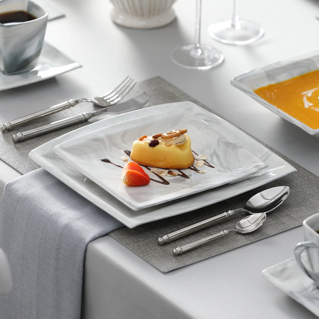 MALACASA .co.jp-Service de Vaisselle en Porcelaine Grise Marbré, avec 6 Assiettes à Dessert, à Soupe, à Queue, à Tasse, S/05, Service pour 12, 30/60 Pièces