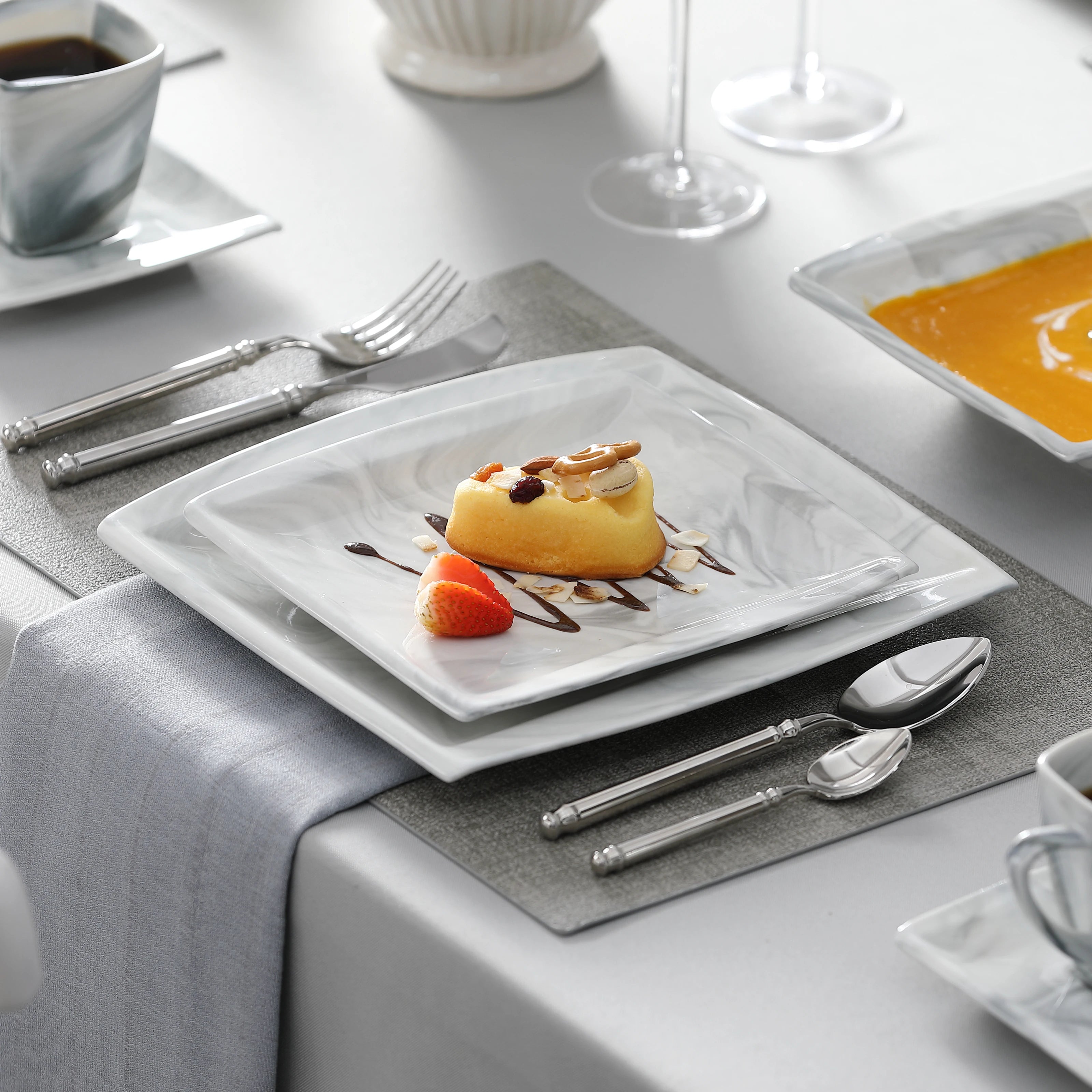 MALACASA .co.jp-Service de Vaisselle en Porcelaine Grise Marbré, avec 6 Assiettes à Dessert, à Soupe, à Queue, à Tasse, S/05, Service pour 12, 30/60 Pièces