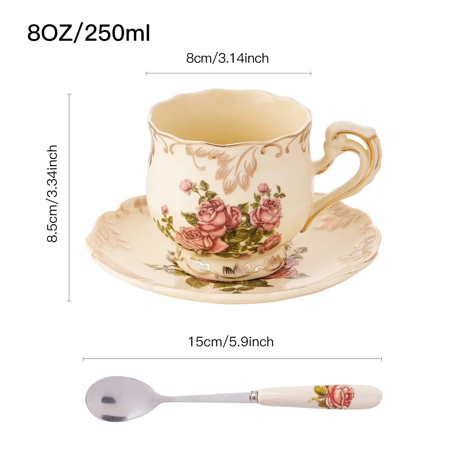 Ensemble de tasses à thé et soucoupes à arbustes fleuris, service à thé, ensemble de tasses à thé florales en céramique ivoire avec support doré, ensemble de tasses à café