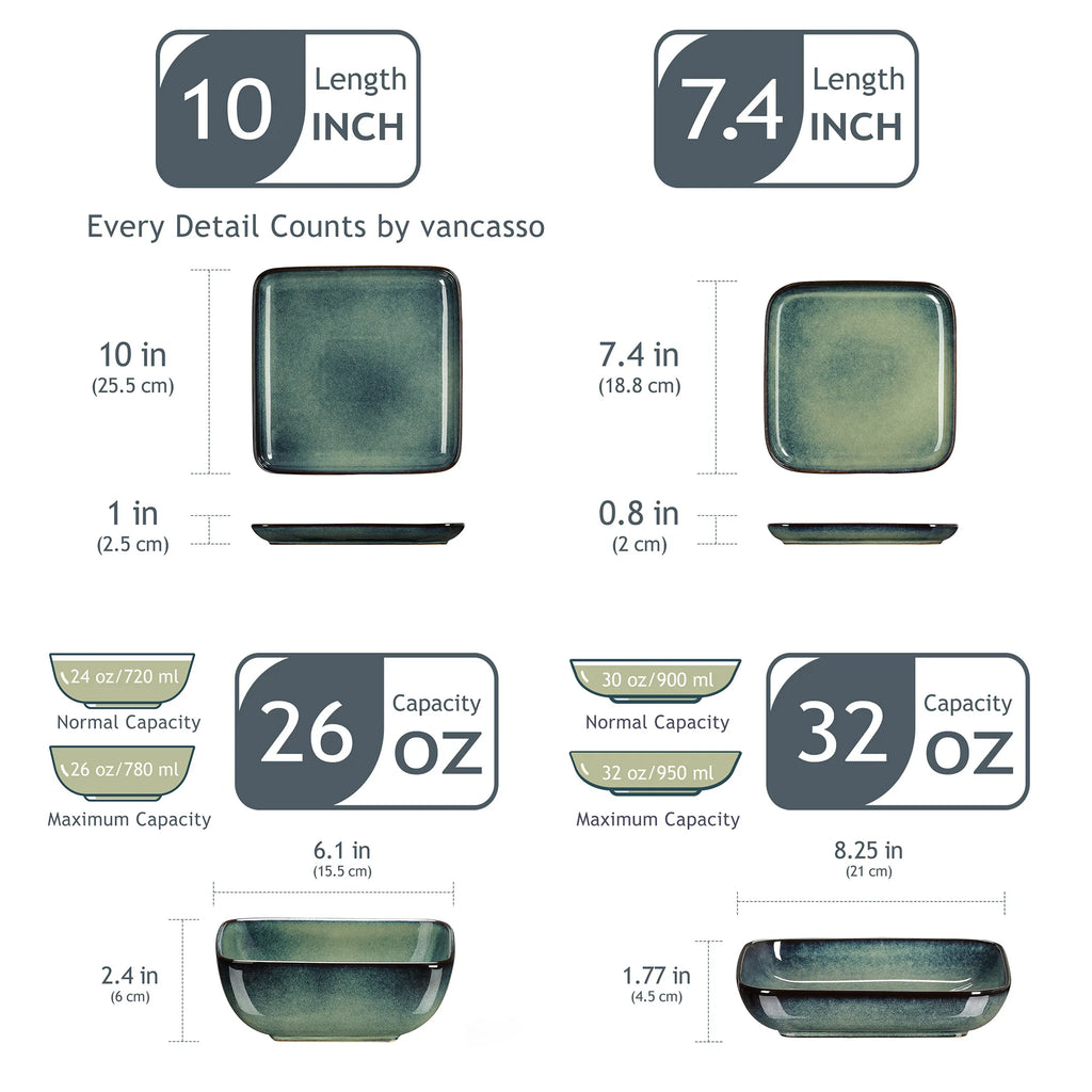 Vancasso Stern – service de table carré vert pour four, changement de glaçage, vaisselle de cuisine 16 pièces, service de vaisselle en céramique pour 4 personnes