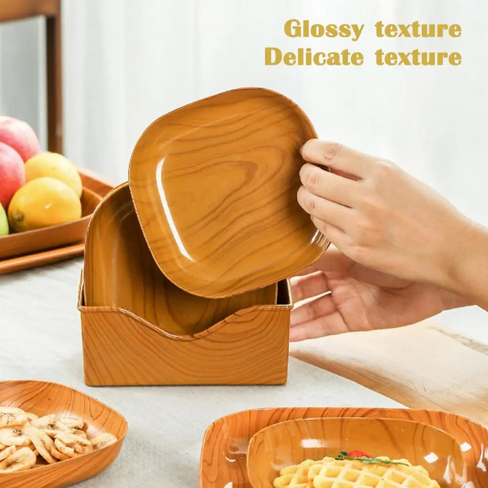 Assiette carrée en Imitation de Grain de bois de cuisine, ensemble de plats à Grain Simple japonais pour vaisselle, bol de cuisine, vaisselle, fournitures de cuisine