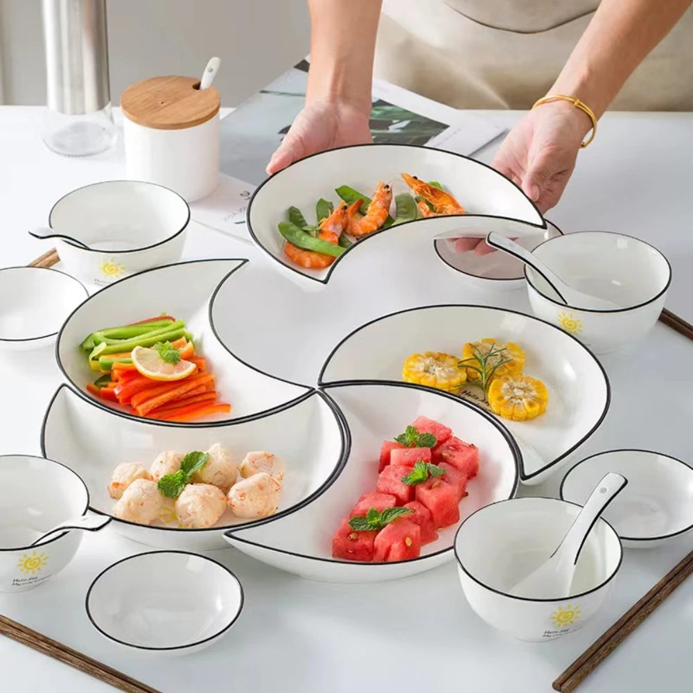 Service de vaisselle en céramique pour réunion, 5 pièces, assiette chaude en forme de lune, combinaison d'assiettes flexibles selon la consommation alimentaire