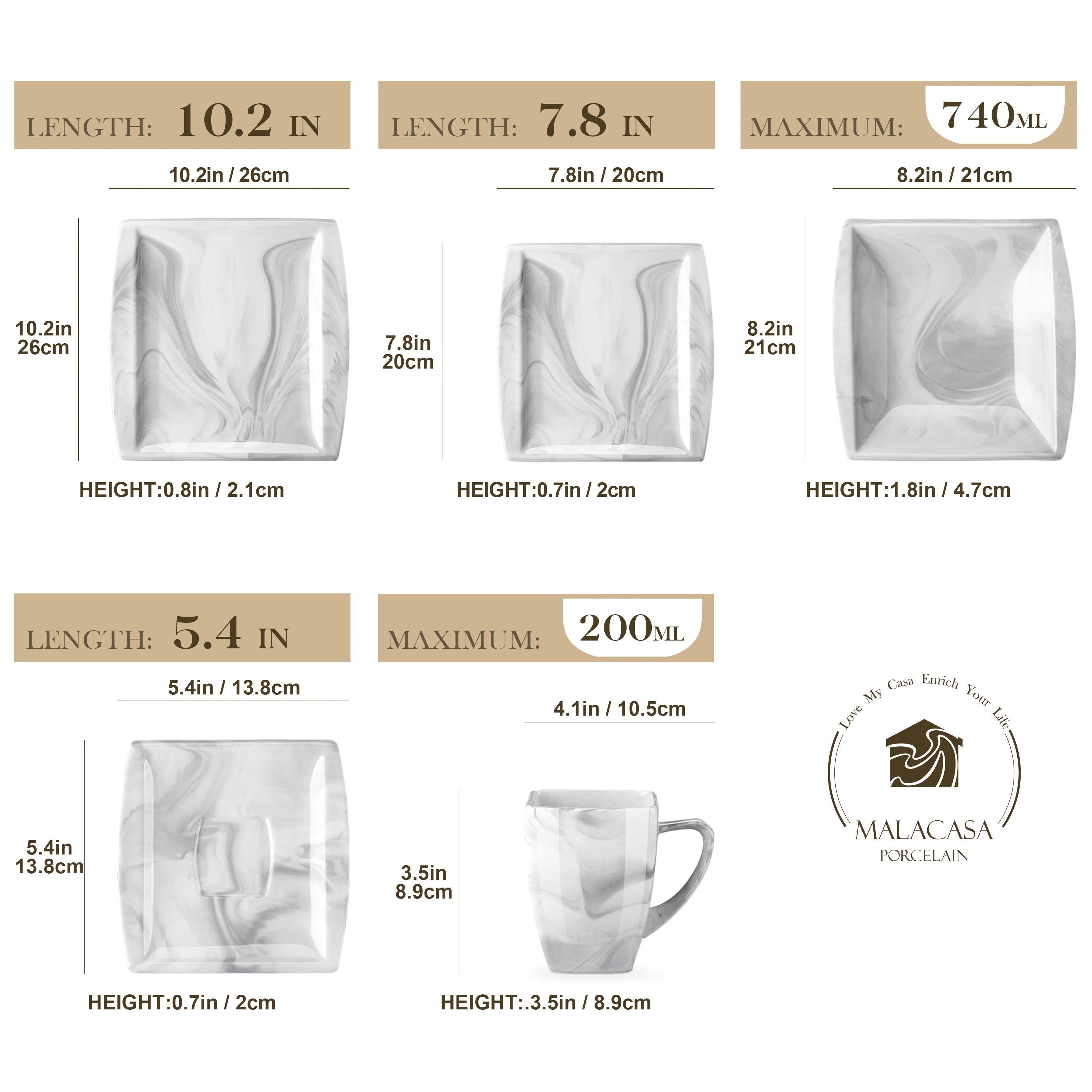 MALACASA .co.jp-Service de Vaisselle en Porcelaine Grise Marbré, avec 6 Assiettes à Dessert, à Soupe, à Queue, à Tasse, S/05, Service pour 12, 30/60 Pièces