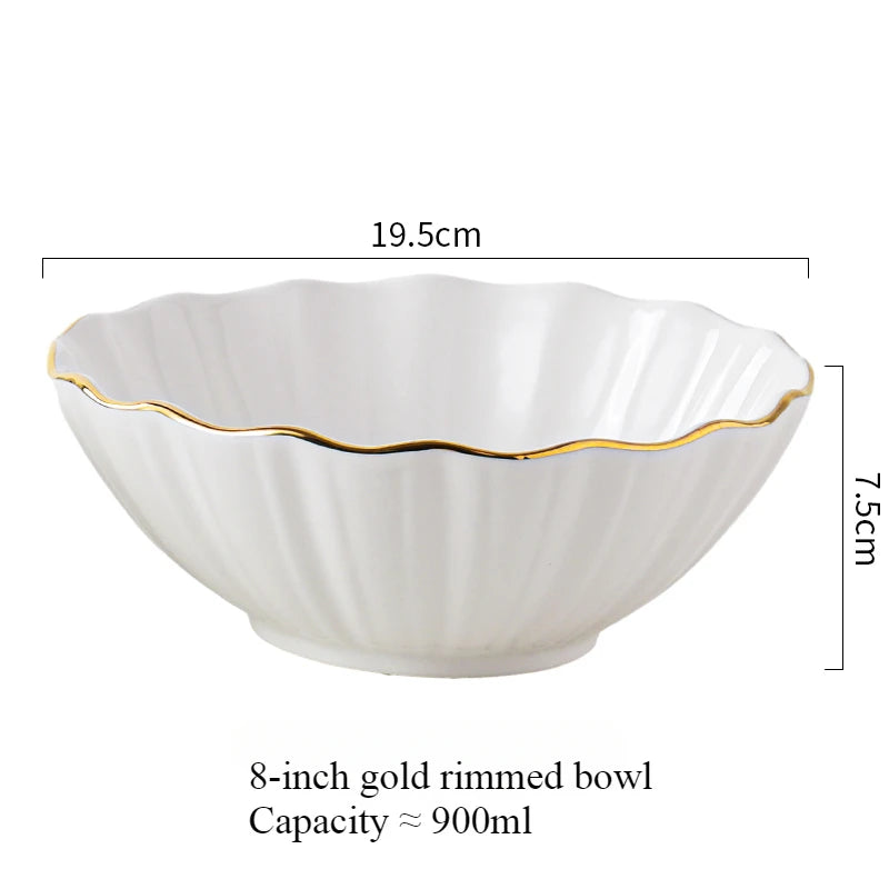 Filles en céramique européen haut de gamme à bords dorés, bol à salade de fruits, bol à riz domestique pour petit-déjeuner, vaisselle d'hôtel et de restaurant